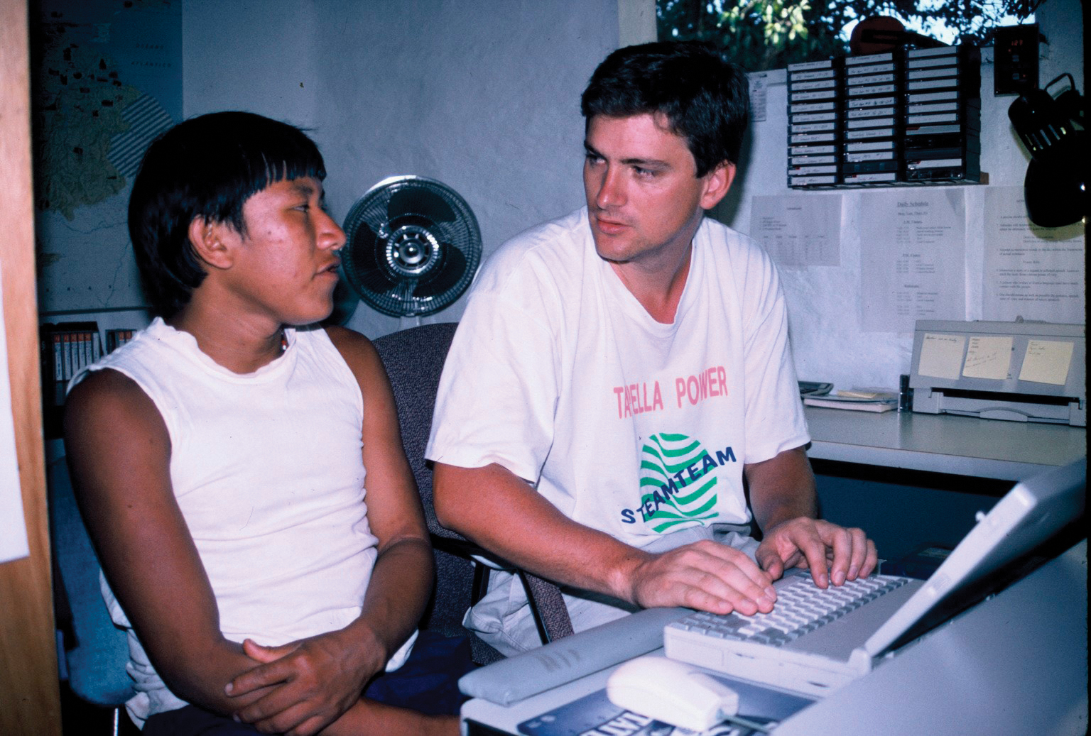Steve with his language helper, Ikyutai, helping him break down the Joti language.